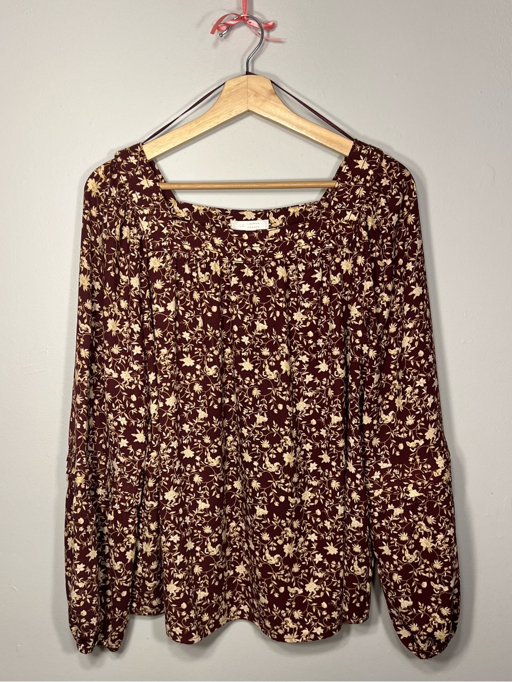 LC Lauren Conrad Square Neck Peasant Top Burgundy and Cream Large